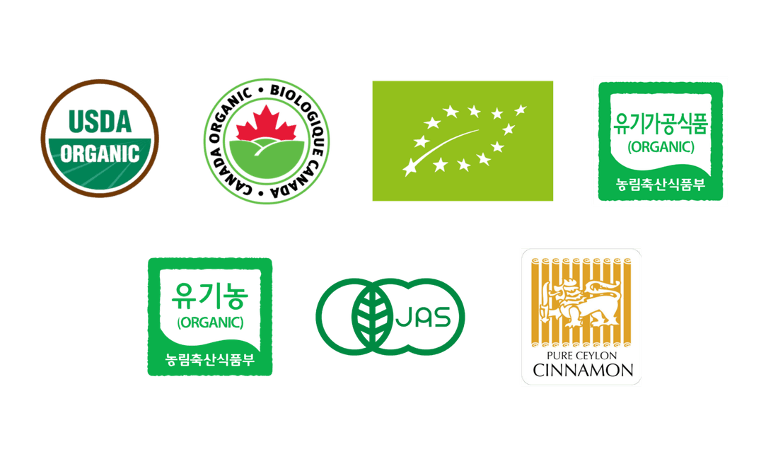 Organic certification logos held by Diyesta: USDA Organic, Canada Organic / Biologique Canada, EU organic leaf, Korean organic, JAS Japan organic, alongside the Pure Ceylon Cinnamon mark